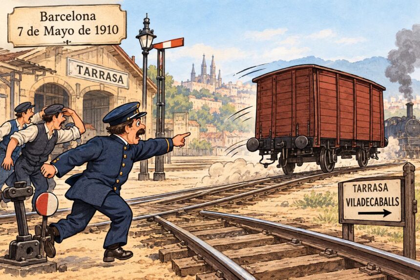 Fuga del vagón en Tarrasa-1910 Succés amb un vagó (vagó a la fuga)